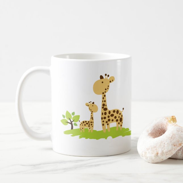 Caneca De Café Mãe Adorável e Girafa Bebê Verde e Amarelo (Com Donut)