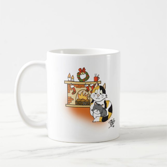 Caneca De Café Mãe Cat e Kitten Lareira Cozy Natal (Esquerda)