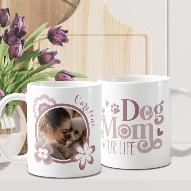 Caneca De Café Mãe de Cachorro Foto Personalizada Flores Retrô Ro (Criador carregado)