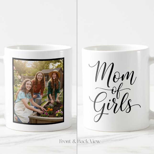 Caneca De Café Mãe de Meninas Elegante Script 1 Foto Personalizad (Criador carregado)