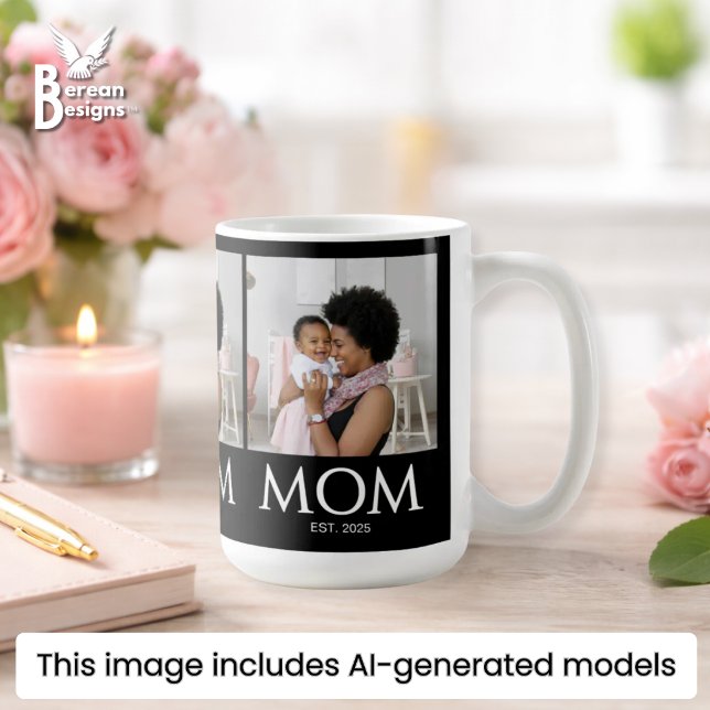 Caneca De Café Mãe Estabeleceu Foto Preta de Bonés Clássicos (MOM ESTABLISHED 3 Photo Mug with customizable photo and year. Ideal gift for Mother's Day. )