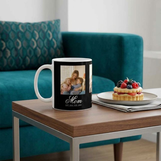 Caneca De Café Mãe Estabeleceu Preto Elegante Script 3 Foto (Mom Established Black Elegant Script 3 Photo Coffee Mug)