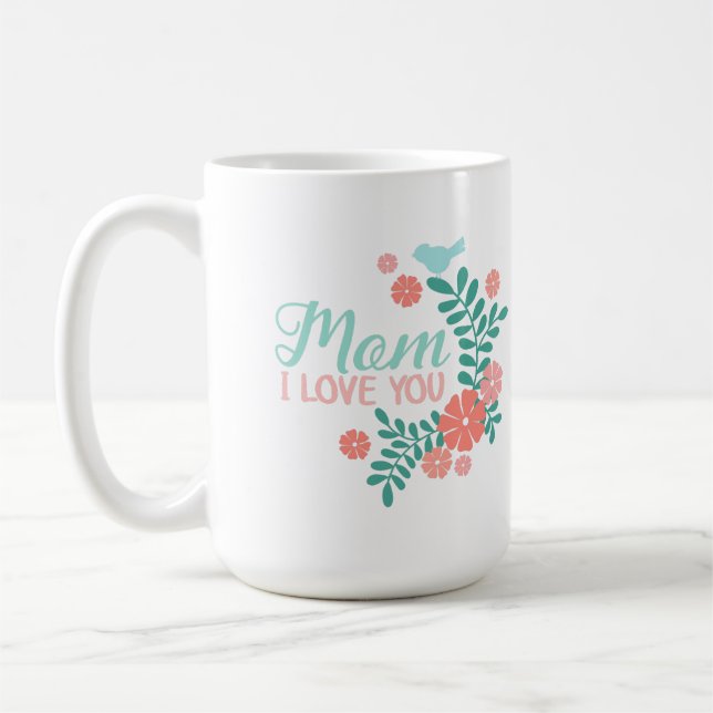 Caneca De Café Mãe eu te amo texto, design floral rosa e azul (Esquerda)