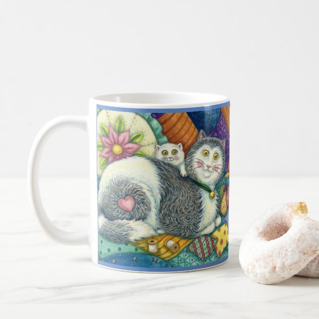 CANECA DE CAFÉ MÃE GATO E COZINHO, TRABALHOS DE PATCHWORK, PINCUS (Com Donut)