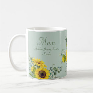 Caneca De Café Mãe, Sunflower Floral, 4 a 8 nomes de crianças