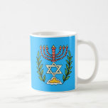 Caneca De Café Magen Persa David Menorah<br><div class="desc">Esta imagem foi adaptada de um antigo azulejo judeu persa e apresenta uma menorah com um Magen David (Estrela de David) enquadrado por ramos de oliveira. As imperfeições da imagem original pintada à mão foram preservadas.Adicione seu próprio texto no lado oposto.</div>