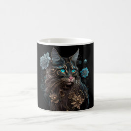 Caneca De Café Magia Steampunk Maine Coon cat e flores Arte AI