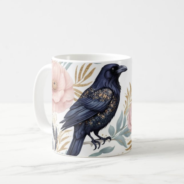 Caneca De Café Magical Raven e Floral Elegance (Frente Esquerda)