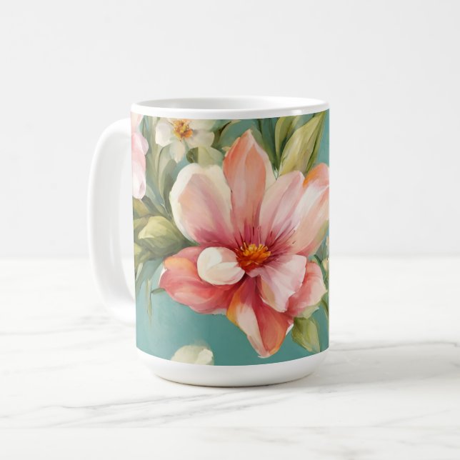 Caneca De Café Magnólia Amarela refinada com flores brancas (Frente Esquerda)