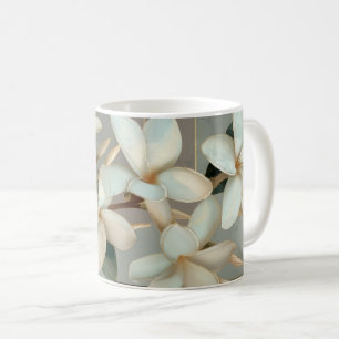Caneca De Café Magnólia Branca Floral Linha Dourada Mármore