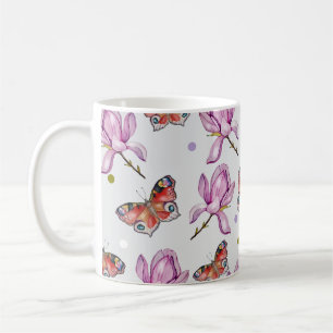 Caneca De Café Magnólia e borboletas, padrão de aquarela
