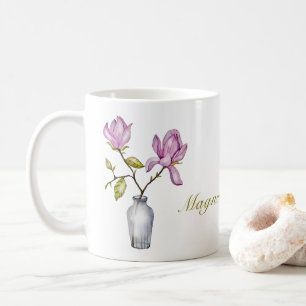 Caneca De Café Magnólia Rosa Botânica em Aquarela