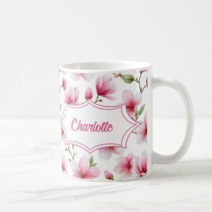 Caneca De Café Magnólia Rosa Monograma de Nome Botânico em Aquare