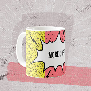 Caneca De Café Mais Café! Arte de Quadrinhos Desenho Amarelo Rosa