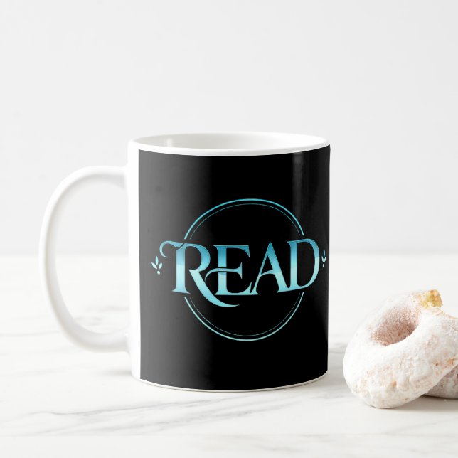 Caneca De Café Majestic Blue Glass Typography "READ" Art (Com Donut)