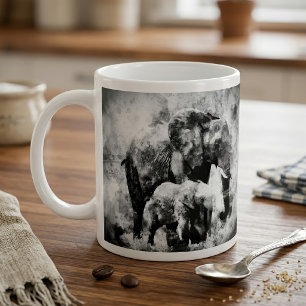 Caneca De Café Majestosa Elefanta Africana Fêmea com Filhote P&B