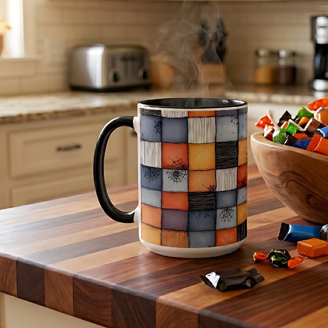 Caneca de Café Malha Xadrez de Halloween Assustado (Criador carregado)