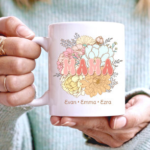 Caneca De Café Mama, retro flowers, Mom, names of children