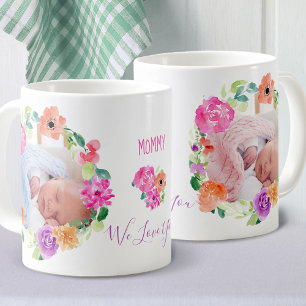 Caneca De Café Mamãe 2 Foto em Watercolor Floral Wreath