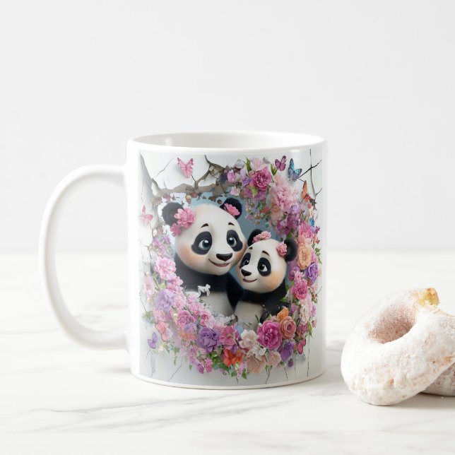 Caneca De Café Mamãe E Bebê Pandas Emergiram Da Parede (Com Donut)
