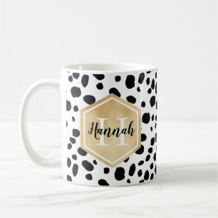 Caneca De Café Manchas brancas pretas Padrão Monograma Dourado