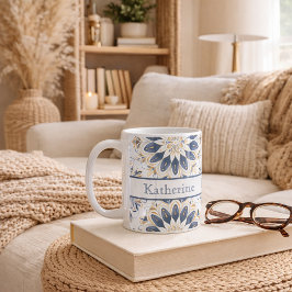 Caneca De Café Mandala Azul Marinho Dourado Elegante Personalizad