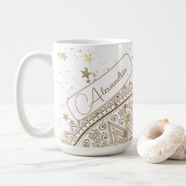 Caneca De Café Mandala com Estrelas Douradas em Branco Personaliz