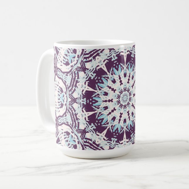 Caneca De Café Mandala Espiritual Caleidoscópio Azul Roxo Branco. (Frente Esquerda)