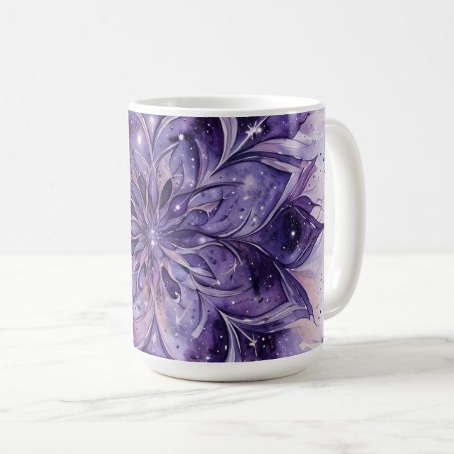 Caneca De Café Mandala Floral de Aquarela Roxa (Frente Esquerda)