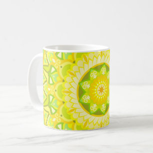 Caneca De Café Mandalá Primavera Verde Amarelo Floral Boho