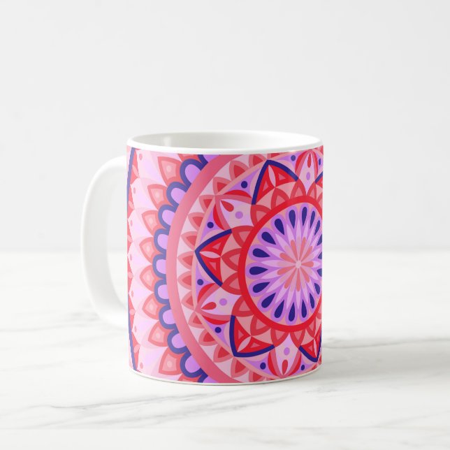 Caneca De Café Mandala Rosa Boho Padrão Geométrico Vibrante Aconc (Frente Esquerda)