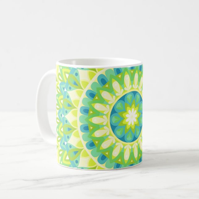 Caneca De Café Mandala Verde da Natureza Padrão Geométrico Boho H (Frente Esquerda)