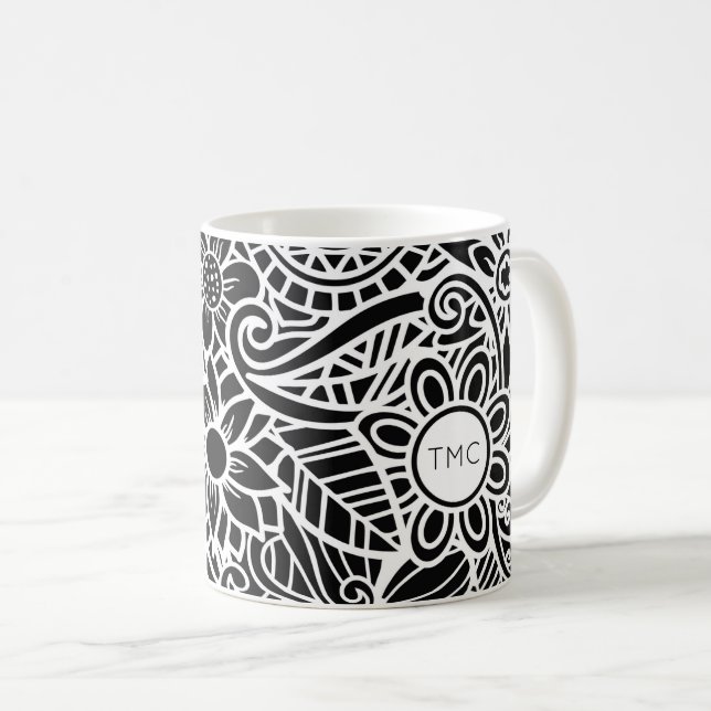 Caneca De Café Mandela Tropical Floral INITIALS Black White (Frente Esquerda)