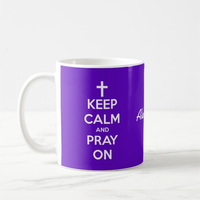 Caneca De Café Mantenha a calma e Pray em roxo e o branco (Esquerda)