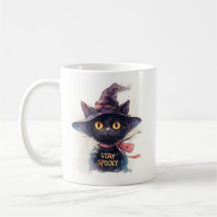 Caneca De Café Mantenha-se assustado - Gato Preto de Aquarela no 