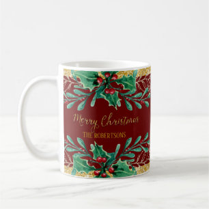 Caneca De Café Manuscrito Feliz Natal Burgundy Dourado Watercolor
