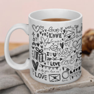 Caneca De Café Mão Negra Desenhada Dia de os namorados Doodles de