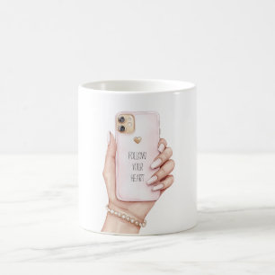Caneca De Café Mão telefone chic unhas rosa