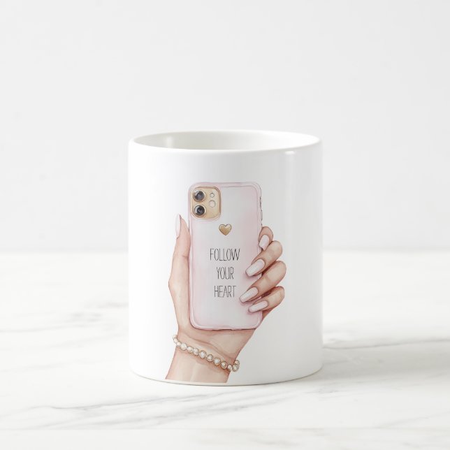 Caneca De Café Mão telefone chic unhas rosa (Centro)