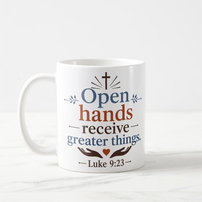 Caneca De Café Mãos Abertas Recebem Coisas Maiores Moderno Cristã (Esquerda)