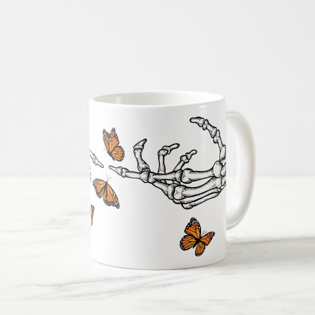Caneca De Café Mãos de Esqueleto e Borboletas Monarca (Frente Esquerda)