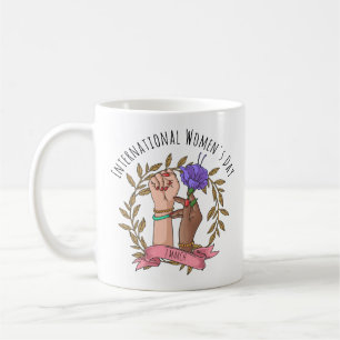 Caneca De Café Mãos Feministas Segurando Flores Dia das Mulheres