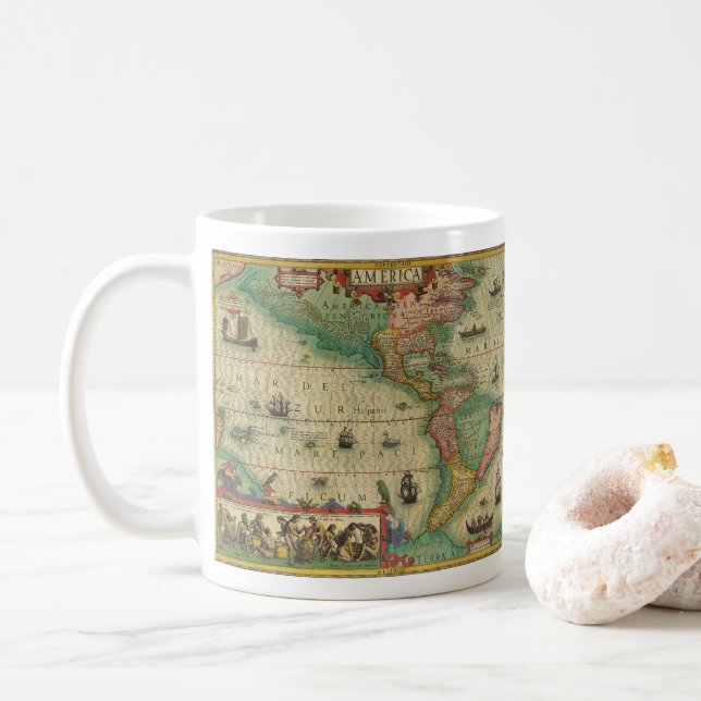 Caneca De Café Mapa Antigo do Mundo das Américas por Hondius (Com Donut)