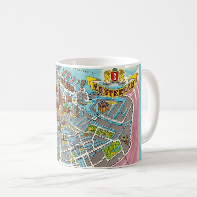Caneca De Café Mapa Antigo Ilustrado de Amsterdã (Frente Esquerda)