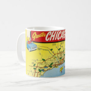 Caneca De Café Mapa Colorido de Chicago em Cartão Postal Antigo 