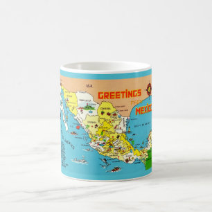 Caneca De Café Mapa Colorido Vintage do México