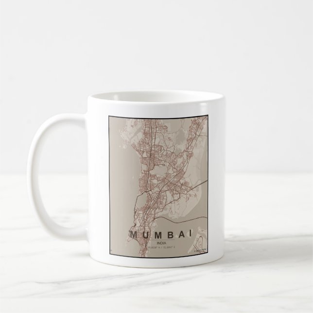 Caneca De Café Mapa da Cidade de Mumbai na Índia com Design Minim (Esquerda)