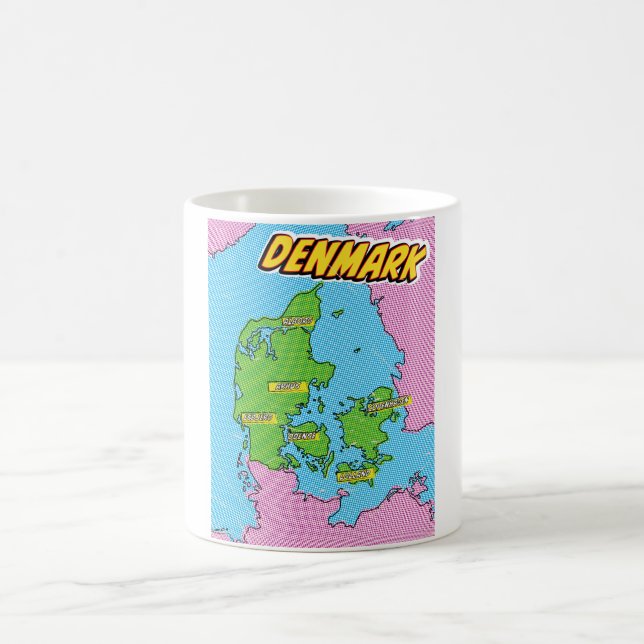 Caneca De Café Mapa da Dinamarca ilustrado em Pop Art (Centro)