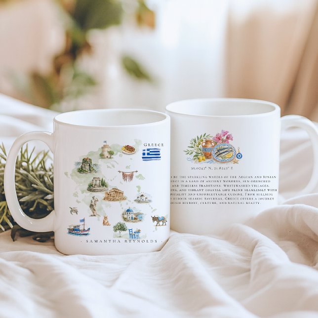 Caneca De Café Mapa da Grécia Ilustrado com Aquarela | Monograma (Criador carregado)