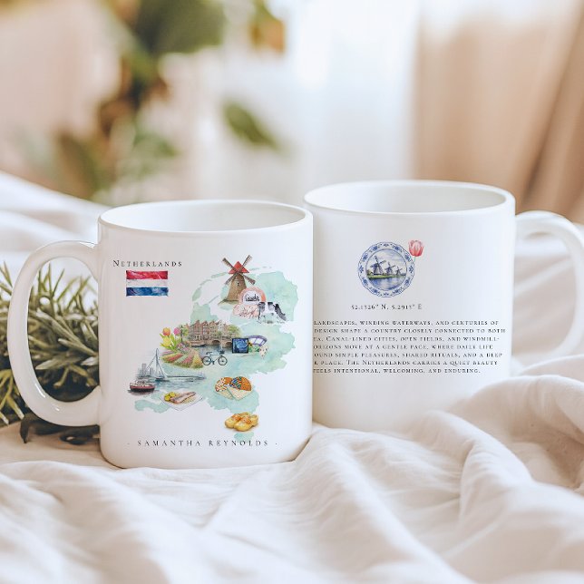 Caneca De Café Mapa da Holanda Ilustrado à Aguarela | Monograma (Criador carregado)